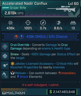 ⭐[MODDED] L60/L70 CONFLUX (CRYO CONVERT) - 2,619K DPS (+FIRE/SHOCK DMG) - 100% ACC - 8.6/s FIRE RATE - 0.7s RELOAD - RICOCHET - BEST AUTO SNIPER!⭐