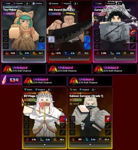 5 Unbound 984 Trait Reroll - Unbound 8th sword (Berserk) Evolved + Unbound Toy Maker + Unbound Cursed Student (True Love) Evolved + Unbound Elf Mage (Unleashed) Evolved + Unbound Salmon Sorcerer (Grade 1) Evolved | rr crystal trait Yuta Frieren Kenpachi Unbound Secret Clean Meta Anime Expedition Account