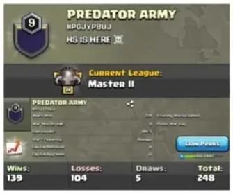 ➤CLAN LEVEL 9 ➤MASTER LEAGUE 2➤NAME:PREDATOR ARMY  ➤ RARE ENGLISH NAME ➤ || WIN- 139 | LOSS-104 ➤LOW PRICE