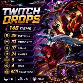 140 Items | 25 Costumes + 900 Chrono Tokens + 33 Nameplates + 37 Sprays | Marvel Rivals Twitch Drops