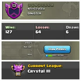 ➤CLAN LEVEL 13 ➤ CRYSTAL LEAGUE 3➤NAME: SINISTER ➤ RARE ENGLISH NAME ➤ CLAN CAPITAL 7|| WIN- 127 | LOSS-64 ➤LOW PRICE