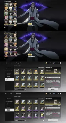 Nuverse/SEA Lv80max, SSR LIMITED -1 (Kenpachi)🔥Sign Weap -1 (Kenpachi)🔥B4 Aizen Sign A3🔥🔥B1 (Bambietta+Ichigo TYBW,+Ichigo Bankai+Ichigo white+Mayuri Sign A3+Gin)🔥🔥 Well build, etc