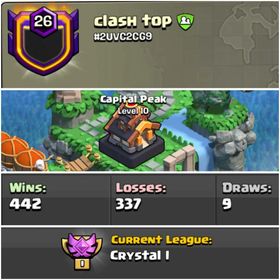 Clan Level 26 ⚡ clash top ⚡ Capital Hall 10 ⚡ Crystal League 1 ⚡ Fast Delivery