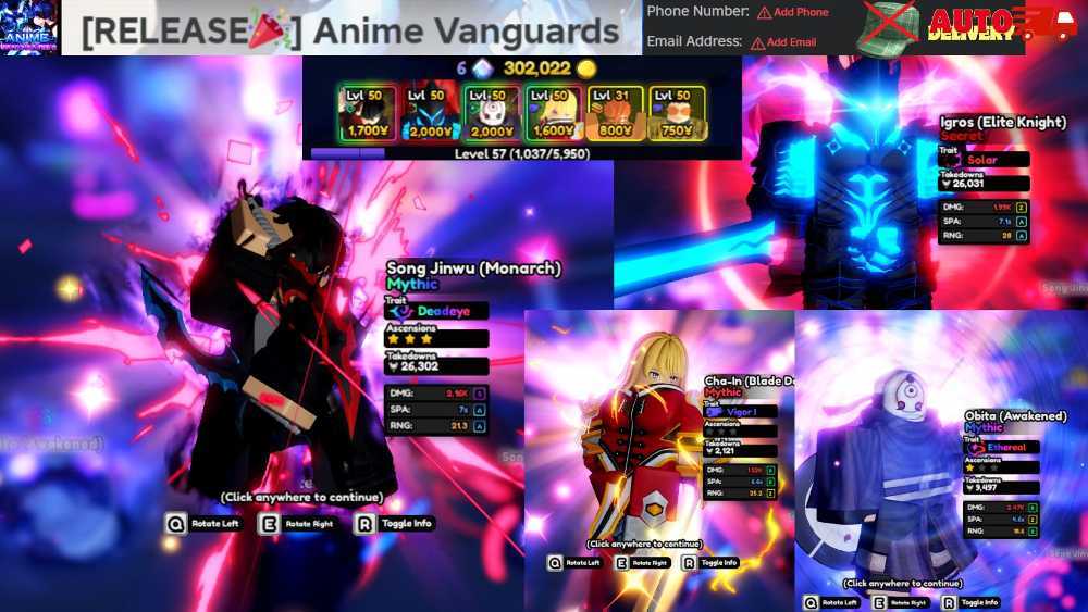 AV37Anime Vanguards Lv.57⭐️⭐️⭐️Sung Jin Woo Deadeye ⭐️Igros(Elite Knight) Solar ⭐️Obita(Awakened