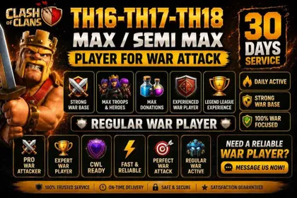 FOR WAR RENT 40× TH16-TH17-TH18 MIXED PLAYER🔥30 DAYS🔰RENT SERVICE⚜️REGULAR WAR PLAYER☯️PROFESSIONAL ATTACK✅