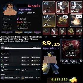 [SLAYERS 2] 89 M1 | RANKED ACCESS | RENGOKU | T3 NIGHTFALL TOP, BOTTOM, MASK, CAPE | T3 NIGHTFALL KATANA +10 | SERPENT BREATHING | 6.8 MILLION YEN | GOOD FOR PVP | INSTANT DELIVERY