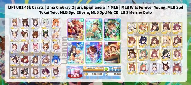 [JP] UB1 45k Carats | Uma CinGray Oguri, Epiphaneia | 4 MLB | MLB Wits Forever Young, MLB Spd Tokai Teio, MLB Spd Efforia, MLB Spd Mr CB, LB 3 Meisho Doto