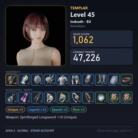 ⭐️️Sale⭐️️Global EU Indnath | Lv45 Templar | 1062 GS · 47.2K CP | +10 Unique Weapon | Original Email