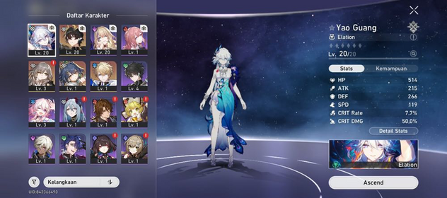 Starter TL6 (ASIA) Mc Female | Yao Guang + Lc lightcone Signature + Danheng PT + Yunli + gepard | Rate on event banner/Guaranteed next character | Golden companion 2 | Fast delivery