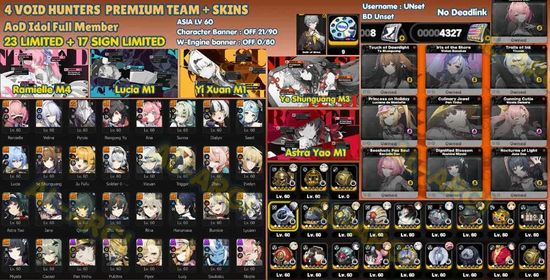 Asia | Endgame | 85*5 |Semi-Whale | 4 Void Hunters + 3 AoD + Premium Teams | Ramielle M4 + YSG M3 + Yixuan M1 + Lucia M1 + Wise MC | many paid skins