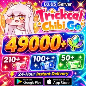 EU/US server|49000+ Crystal Leaf|210+ Apostle Recruitment Tickets|100+ Card Gacha Tickets|50. Rookie Recruitment Tickets|3+  3-Star Tickets(Story. Partially Cleared|Trickcal:Chibi Go
