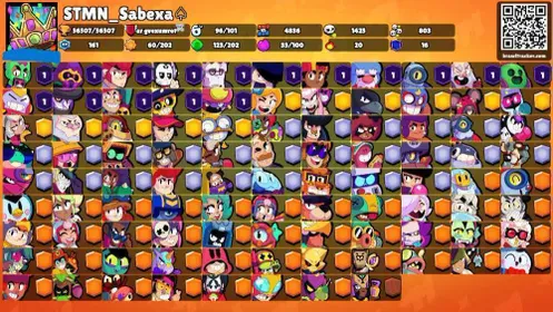 56K Trophies LVL92 | 96/104 Brawlers | 20 Max Brawlers - 14 Hypercharges | 224 Skins | 574 Pins | 338 Icons | 182 Sprays