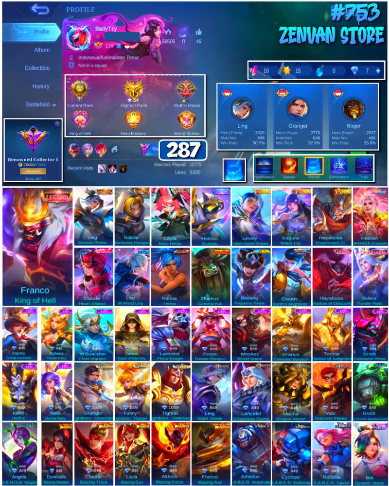 753 ⭐ 287 Skin ⭐ Legend Franco Collector Ling,Natalia Aspirant Layla
