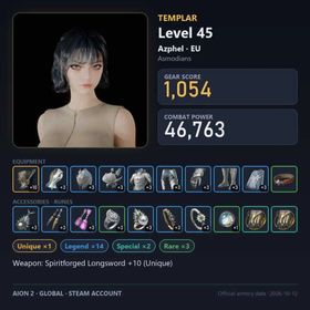 ⭐️️Sale⭐️️Global EU Azphel | Lv45 Templar | 1054 GS · 46.8K CP | +10 Unique Weapon | Original Email