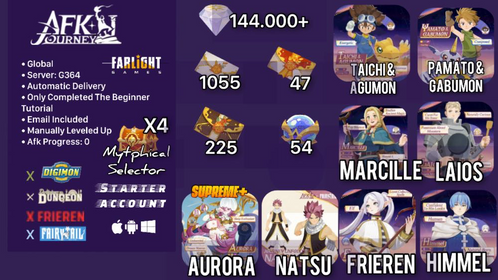 ⚔️ Natsu+Marcille+Laios+Frieren+Himmel+1330 invitations +144,000 diamonds+ Celestial/Hypogean(+4xselector)+Aurora (Supreme+)| AFK progress 0 | Global | G364 | Instant Delivery #afk01