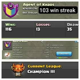 WAR WIN STREAK-103 ➤CU-2023➤CLAN LEVEL 12 ➤CHAMPION LEAGUE 3➤NAME:Agent of khaos ➤ RARE ENGLISH NAME ➤ CLAN CAPITAL 10 || WIN- 116 | LOSS-13➤LOW PRICE