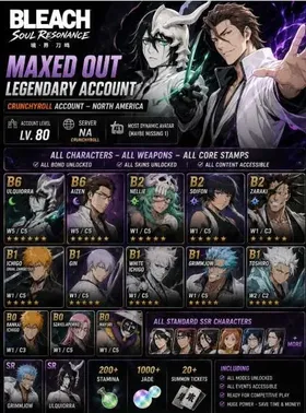BSR284 – NA Crunchyroll Whale Account | B6 Ulquiorra, B6 Aizen, All SSR Characters & Maxed Collection