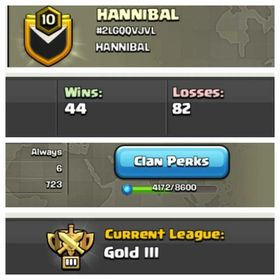 ➤CLAN LEVEL 10 ➤GOLD LEAGUE 3➤NAME: HANNIBAL ➤ RARE ENGLISH NAME ➤ CLAN CAPITAL 6 || WIN- 44 | LOSS- 82➤LOW PRICE