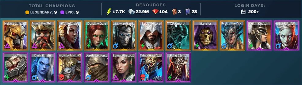 🔥 Tuhanarak ✨ Arnorn ✨ Nekhret | ⚡ 9 Legendary · 9 Epic · 104 Gems