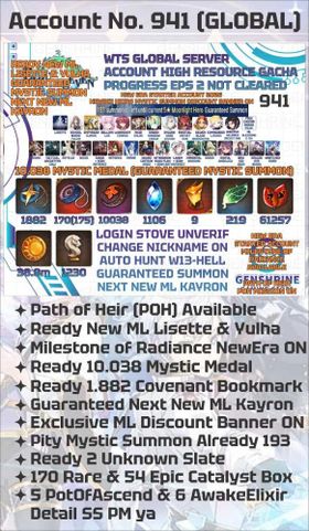 GLOBAL | 10.038 Mystic Medal Next New ML Kayron Guaranteed Claim Mystic Summon Genesis Ras | New Era Account 2026 Milestone of Radiance ON | Exclusive For Newbie Heirs ML Discount Banner ON | Ready For Collab Hero Chaos Zero Nightmare | 175 Galaxy Bookmark | Story Episode 2 | Path of Heir POH Mission Available | Lisette + School Nurse Yulha + Empyrean Ilynav + Hellion Lua + Lionheart Cermia + Maid Chloe + Urban Shadow Choux + Sylvan Sage Vivian + Martial Artist Ken + Silver Blade Aramintha | Rinak + Tactical Archetype Coli + Estelle + Ruiza + Ivana + Setsuka + Fenne + Guard Captain Krau + Afternoon Soak Flan + Landy + Immortal Wukong + Saria + Sinful Angelica + New Kid Adin + Sealed Eye Surin + Wretched Rose High Resource Gacha Wish Account Epic Seven 941 | 1.882 Covenant Bookmark Available | High Resource Available | Check Picture For Detail or Message Me | INSTANT DELIVERY