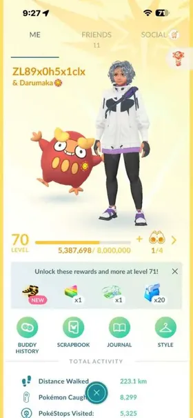 LEVEL 70 | 353 POKEMON | 5 HUNDOS | 31 SHINY | 76 LEGENDARIES | 2 MYTHICALS | 5 SHADOWS | 19 SPECIALS | 7 MEWTWO | 13 ULTRA BALLS | 2 MASTER BALLS   Trainer Level: Level 70  Stardust: 1,760,236  Total Caught: 8,299 | PokéStops Visited: 5,325 | Distance Walked: 223.1 km  Pokédex: 402 Caught  Master Balls: 2x  Hundos (100% Perfect 4★): 5 Total (Includes 4★ Mewtwo, 4★ Azelf, 4★ Mesprit)  Shiny Pokémon: 31 Total (Includes Shiny Legendary Moltres)  Legendary Pokémon: 76 Total (Mewtwo, Zacian, Dialga with Roar of Time, Palkia, Lunala, Zamazenta, Zekrom, Ho-Oh)  Mythical Pokémon: 2 Total (Shaymin, Diancie)  Special Features: 37 Special Backgrounds | 28 Location Backgrounds | 3 Adventure Effects  Mewtwo Mega Energy: 2,200 Mega X Energy | 2,200 Mega Y Energy  Rare Candies: 292x Rare Candy | 28x Rare Candy XL  Passes & TMs: 27x Premium Battle Pass | 1x Elite Fast TM | 1x Elite Charged TM | 28x Fast TM | 56x Charged TM  Boosts & Berries: 11x Lucky Egg | 10x Star Piece | 18x Incense | 59x Golden Razz Berry | 864x Gimmighoul Coins
