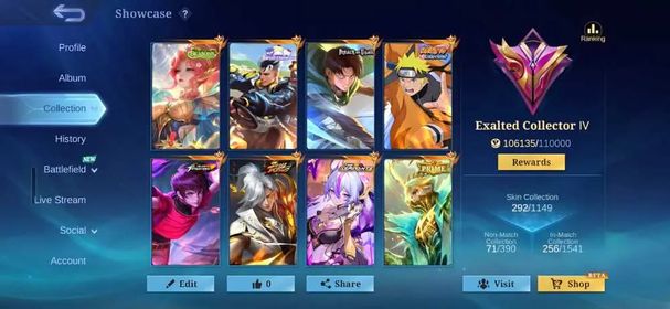 [IOS/ANDROID] CEL LVL 63 | 120 HEROES | 292 SKINS | EXALTED 4 | OP COLLAB | LEVI AOT - MIYA SEASONS - NARUTO - AAMON SOUL VESSEL - VEXANA ASPIRANT - DYRROTH KOF - CLAUDE SANRIO - GRANGER PRIME | MAX EMBLEMS | 112 LEGEND CORES