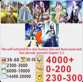 Japen server|4000+ Saint Quartz +Characters in the picture+ Call Sign 0-200 +Golden Fruit 230-300[See Picture]|Optional five stars not used + Plot has passed 3.2|Android|iOS |DCL095|Fate Grand Order