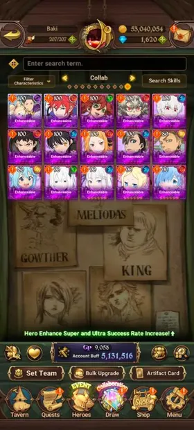 Global, 1.806💎5,1 Million buff, 8LR + 8UR + 15 Collab: Full Gachiakuta +7 Rezero chars + Full Fire Force + Konosuba Aqua, UR : Newest UR Meliodas LR 2/6 + MerlinEscanor 2/6 + KingDiane + EliMeli + Thor + Sabunak + Escanor + King Demon Meliodas, have 100x LR coin, Story only at chapter 13 and side story all fresh