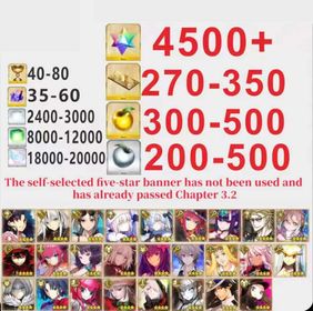 Japen server|4500+ Saint Quartz +Characters in the picture+ Call Sign 270-350 +Golden Fruit 300-500[See Picture]|Optional five stars not used + Plot has passed 3.3|Android|iOS |DCL0102|Fate Grand Order