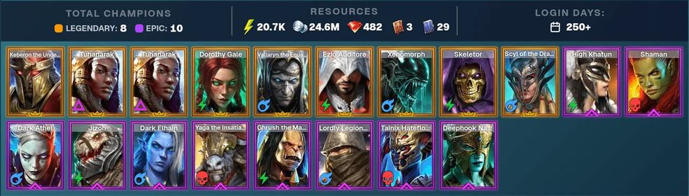 ⭐ Tuhanarak ✨ Keberon Underflame ✨ Shy'ek | ⚡ 10 Legendary · 11 Epic · 497 Gems