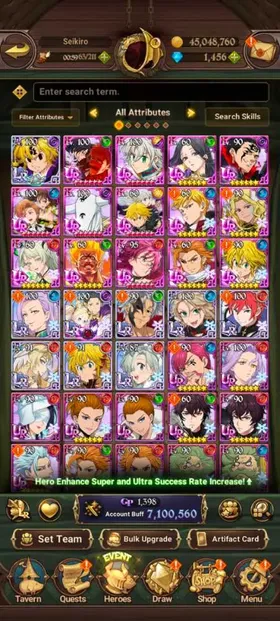 Global, 1.456💎MerlinEscanor 6/6. 7,1 Mil buff, 9LR + 15 UR + 15 collab chars : Full Gachiakuta + Full Rezero + Fire Force, have newest UR Meliodas LR + Special Reward Box