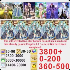Japen server|3800+ Saint Quartz +Characters in the picture+ Call Sign 0-200 +Golden Fruit 360-500[See Picture]|Optional five stars not used + Plot has passed 3.3|Android|iOS |LDC006|Fate Grand Order