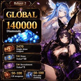 Global | 140000 Diamonds, 2470 Single draw coupon, 5★ Recruitment Ticket *3, 5★ Draw Ticket *10, 50-100 UR weapons, Daydream Bunny-Murphyia +5, Summer Vacation Dalvi +5, Stray Cats Rou +5, Dream Bride Eclipse +5, Frozen Queen Wilhelmina +5, Beachside Angel Teresse +3, Respected Master Roxy, Esteemed Adventurer Eris, Orcbolg Goblin Slayer, Last Hope Loen, Hedonist Liberta, Masquerade Bunny Celia, Dancing Snowflake Yumi, Fist of Conviction Yozakura, Gentle Destroyer Yomi, Kind Ruthlessness Hikage, Noble Flame Ikaruga, random 50-100 five-star clothing