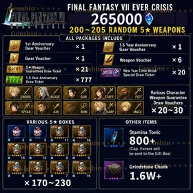 Global|265000+ Blue Crystal+170+ Random Five-Star Weapons+All kinds Five-star interchangeable volume × 5+Various Five-Star characters Weapon Confirmation Coupons×40+Various Memorial Lottery Box ×170-230 +account binding SE/Final Fantasy VII Ever Crisis FF7 EC