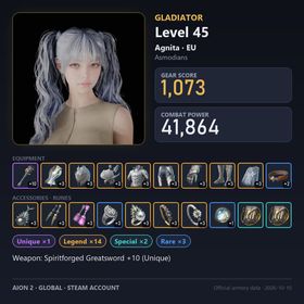 AIO1019 //Global EU Agnita | Lv45 Gladiator | 1073 GS · 41.9K CP | +10 Unique Weapon