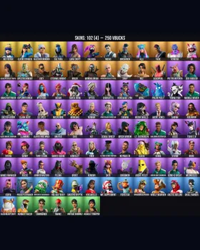 102 Skins Lara Croft ⭐️ Deadpool ⭐️ Meowscles ⭐️ Midas ⭐️ Galaxia ⭐️ Fishstick ⭐️ Poised Playmaker ⭐️ Skye ⭐️ Assault Trooper ⭐️ Tony Stark ⭐️ Reaper ⭐️ Jennifer Walters ⭐️ Slayer Juice WRLD ⭐️ Mystique ⭐️ Mandalorian ⭐️ Groot ⭐️ Kondor ⭐ m9961287499