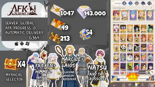 ⚔️ Natsu+Marcille+Laios+Frieren+Himmel+1300 invitations +143,000 diamonds+ Celestial/Hypogean(+4xselector)+Aurora (Supreme+)| AFK progress 0 | Global | G364 | Instant Delivery #afk02