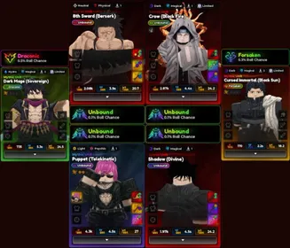 4 Unbound 3 Secret - Unbound Crow (Black Fire) + Unbound Shadow (Divine) + Unbound 8th Sword (Berserk) + Unbound Puppet (Telekinetic) + Forsaken Cursed Immortal (Black Sun) + Draconic Dark Mage (Sovereign) + Shiny Salmon Sorcerer + 100 Trait Reroll + Maxed Expedition Building + Good Equipment + Alot of material + 100.000+ Gems Stacked account | rr Crystal Trait Gowther Kenpachi Unbound Megumi Mahoraga itachi Secret Clean Meta Anime Expedition Account