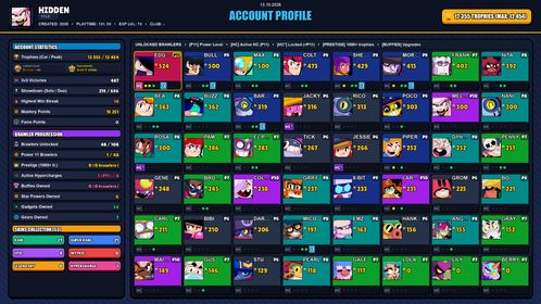 GEMS SPENT 3537 💙 12k TROPHY 💙 53 SKINS 💙 GODZILLA BUZZ 💙 DARK ANGEL COLT 💙 ROGUE MORTIS 💙 MEGA BOX DARRYL 💙 DOCTOR EDGAR 💙 SHERIFF SHELLY 💙 BARBARIAN KING BULL 💙 NORSE RAIDER BULL 💙 BEACH BROCK 💙 OLD SCHOOL BROCK 💙 MAPLE BARLEY 💙 48 BRAWLERS 💙 1 MAX