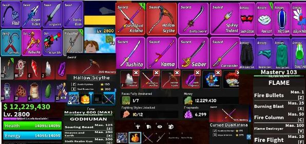 #056 Blox Fruits Account Lvl 2800 : Shark / Fish V4 Full Gear + Godhuman + Cursed Dual Katana , Hallow Scythe . 12M Beli ,6k Fragment . Automatic Order .