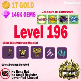 LEVEL 196+ ( UNVERIFIED ) CLEAN ACCOUNT DUNGEON QUEST REBORN | UNLOCKED ALL GAMEPASSES | GILDED SKIES MAGE GEAR