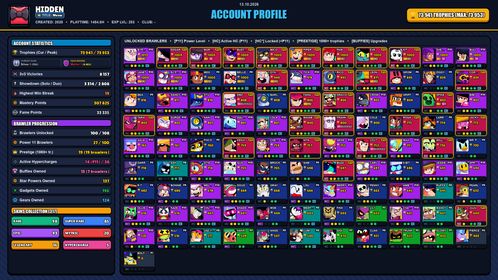 GEMS SPENT 34673 💙 74k TROPHY 💙 317 SKINS 💙 DARK LORD SPIKE 💙 BORN BAD BUZZ 💙 SCRATCHER POCO 💙 BEATMATCHER POCO 💙 GODZILLA BUZZ 💙 KIZU KENJI 💙 MANGA KENJI 💙 MECHA JESSIE 💙 ROBO MIKE 💙 MECHA MORTIS 💙 LIGHT MECHA MORTIS 💙 JOCK STU 💙 100 BRAWLERS 💙 27 MAX