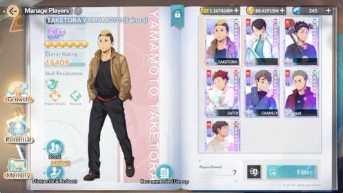SEA|Lv 57|7 SP (Iwaizumi +Memo,Akira Kunimi,Tendo,Osamu,Hirugami,Ginjima,Yamamoto)|2 UR (Bokuto,Osamu)|23 SSR|Log Google|TA1489