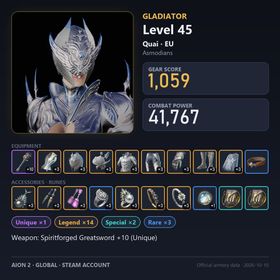 AIO1018 //Global EU Quai | Lv45 Gladiator | 1059 GS · 41.8K CP | +10 Unique Weapon |