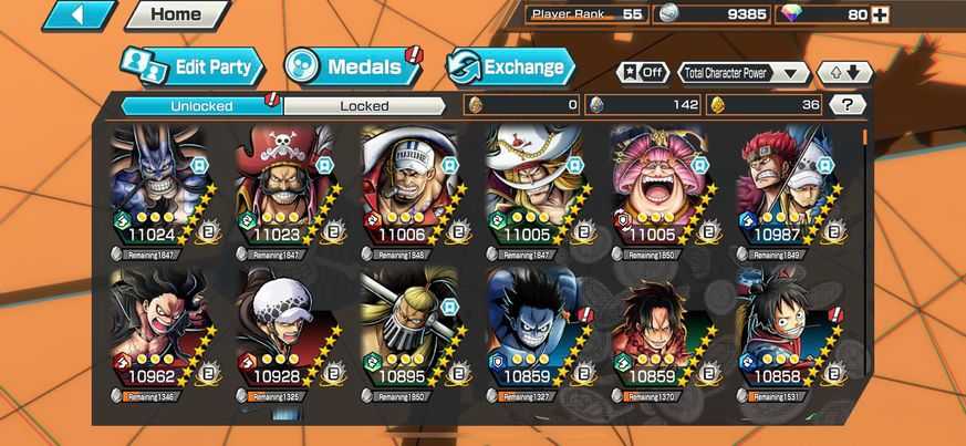 Compte One Piece Bounty Rush EX Gold - Persos Max : Roger, Lin Lin, Shanks, Oden, Lucci