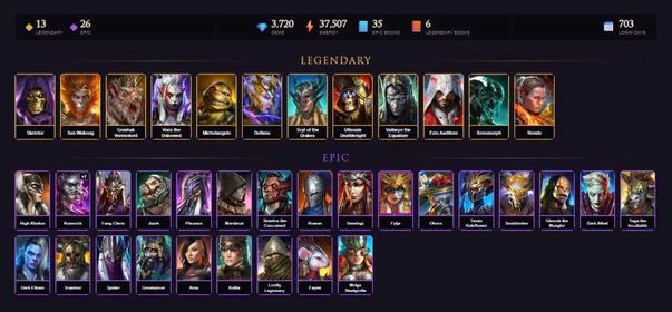 [STARTER]Gnishak+Geomancer+Skeletor+Wukong+Visix+Michelangelo+Deliana+Scyl+Deathknight+Vallaryn the Equalizer+Ezio+25Epics