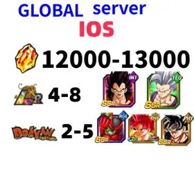 IOS[GLOBAL][INSTANT]12000-13000 Dragon Stones+LR5 The character in the picture|5-10 LR+3-10 limited role DRAGON BALL Z DOKKAN BATTLE Farmed Starter Account|SKU06|Dragon Ball Z Dokkan Battle