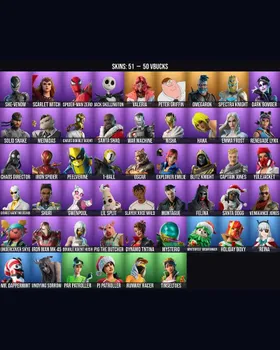 51 Skins Jack Skellington ⭐️ Hana ⭐️ Spider-Man Zero ⭐️ Iron Man Mk 45 ⭐️ Scarlet Witch ⭐️ Slayer Juice WRLD ⭐️ Double Agent Wildcard ⭐️ Skully Sceptre ⭐️ Dark Bomber ⭐️ She-Venom ⭐️ Valeria ⭐️ Peter Griffin ⭐️ Omegarok ⭐️ Spectra Knight m9500230390