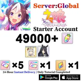DLC12【Global: Server】49000+Carats+Oguri Cap+manhattan cafe(3☆character)+SSR Guaranteed Make Debut Tictet×5+3★Voucher×1+Rainbow Uncap crytal x1]Starter Account/ iOS/Android/Uma Musume Pretty Derby