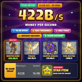 422B/s +++ INCOME | 76.9B+ SPEED | SKELETON HORSE + PEGASUS | NEW UPDATE STAR FOR PET MOUNT | MAX TRAIL MAX TREADMILL | CLEAN ACC NO BONA
